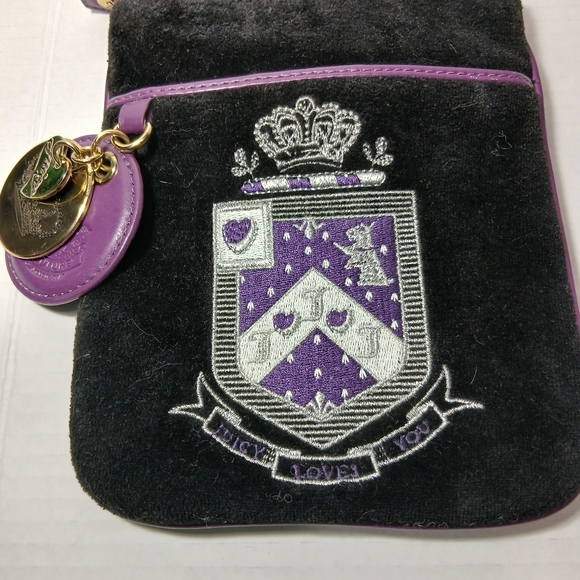 Vintage Juicy Couture Cross Body Bag Mini Black Purple Embroidered Glam Y2K - Picture 3 of 12